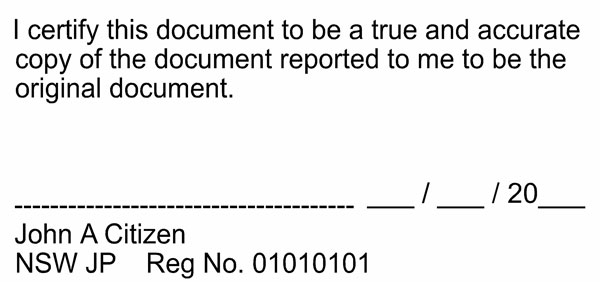 JP Self Inking Rubber Stamp for Certifing Single Page Documents NSW Wording