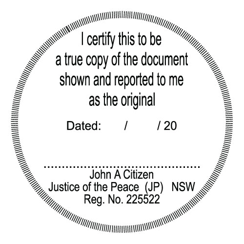 JP9 Stamp NSW, VIC, ACT, TAS. I Certify this to be a True Copy..... (round)