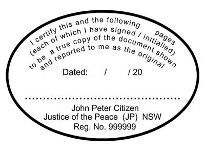 JP11 Stamp NSW, VIC, ACT, TAS   I-Certify-this-to-be.......multiple-pages - oval shape