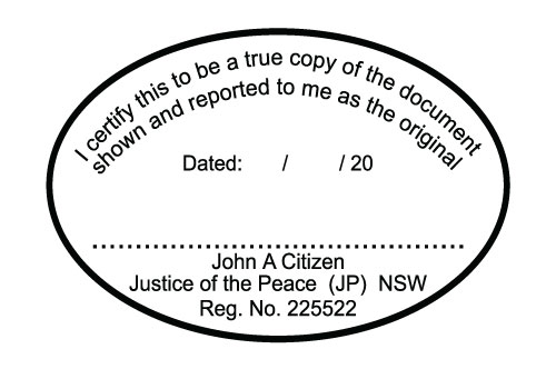 JP8 Stamp NSW, VIC, ACT, TAS   I Certify this to be ..... (oval shape)